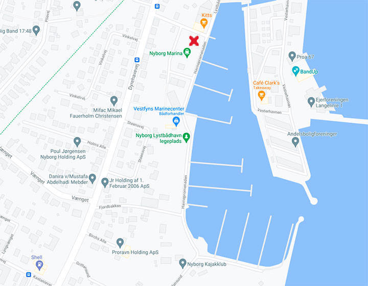 Kort over pladser til autocampere i Nyborg Marina